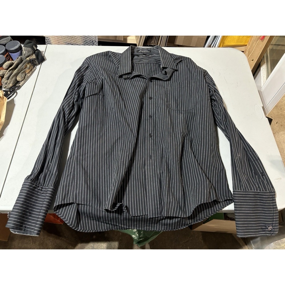 Playa Grande Shirt Mens XL Black Striped Long Sleeve Button Up Cotton W/cufflink